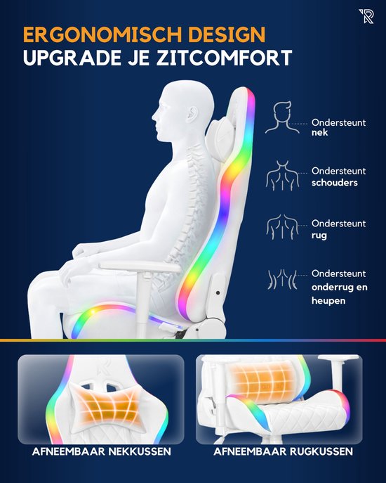 Gamerstoel met RGB-verlichting, demonstreert ergonomische ondersteuning voor nek, schouders en rug.