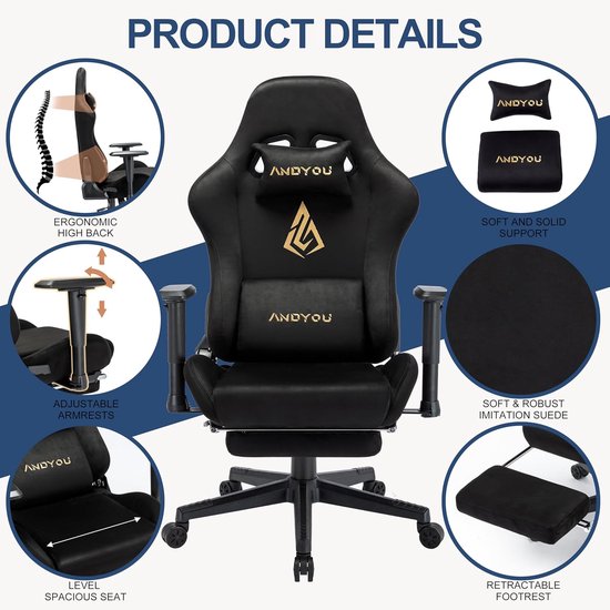 Gamingstoel - Computerstoel - Langdurig Gamen - Verstelbare Voetsteun - 54x40x126 CM - Zwart — afbeelding 2