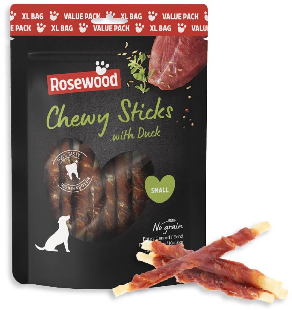 Rosewood Chewy Sticks Hondensnack Eend Small – Kauwsticks van Runderhuid – Voordeelverpakking 500 g – Graanvrij – Zonder Kunstmatige Toevoegingen