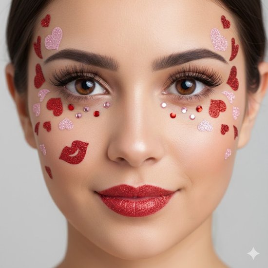 Vrouw met bruine ogen, glimmende rode en roze hartjes, lippen en rode steentjes op gezicht.