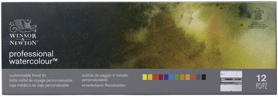 Winsor & Newton 0193548 Professionele Waterverf Set – 12 Halve Pans in Customiseerbare Reistrolley, Hoogwaardige Aquarelverf