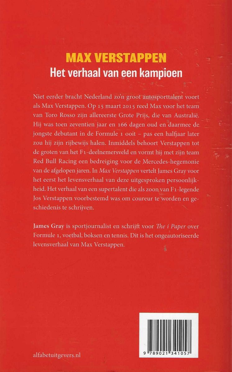 Boekcover met tekst over Max Verstappen. Titel: MAX VERSTAPPEN Het verhaal van een kampioen. Onderaan de barcode.