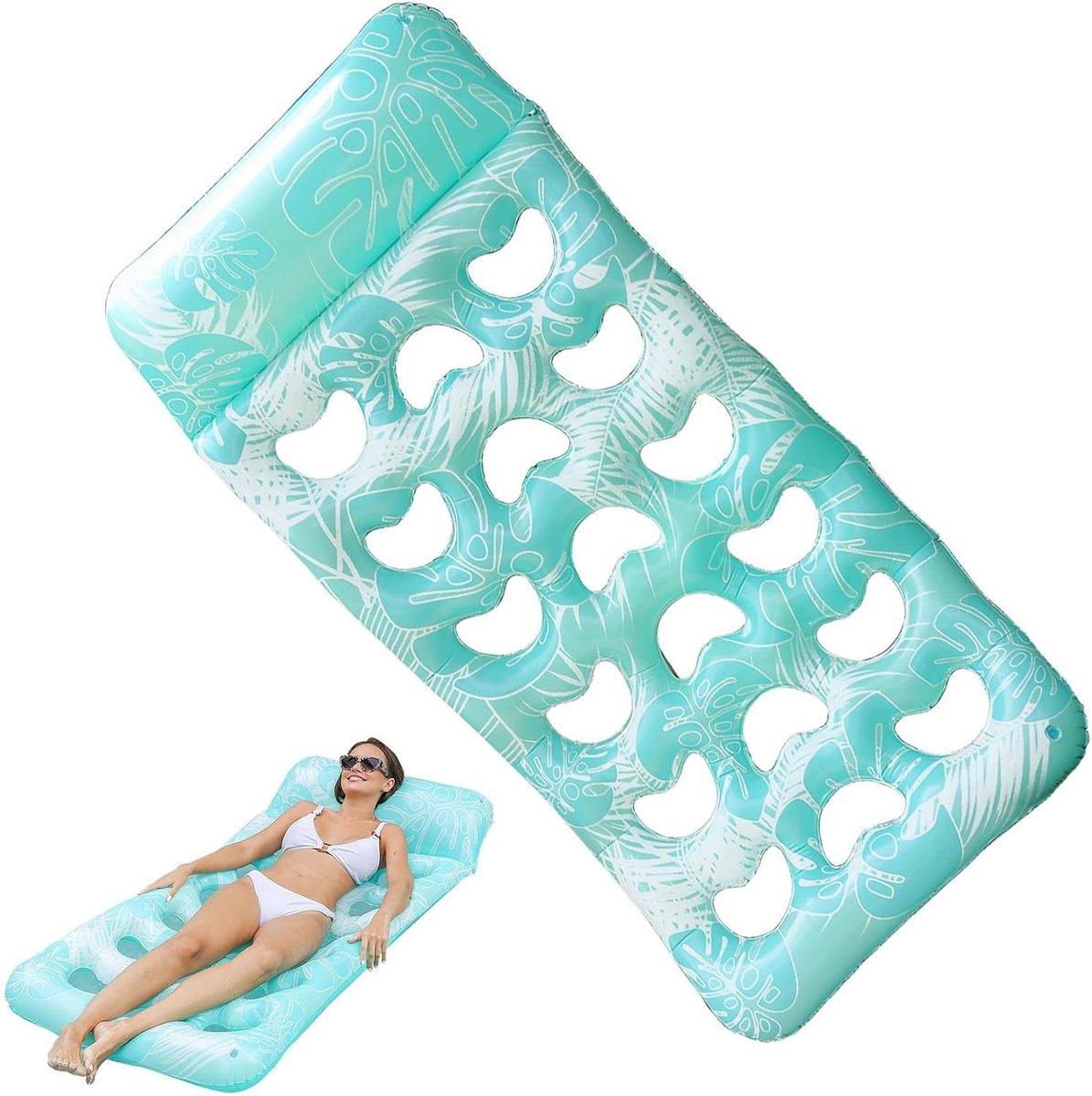 Opblaasbare Hangmat - Zwem Lounger - Ontspannen in Water - Met Hoofdsteun Bekerhouder - 180 x 90 cm - Tropisch Blad