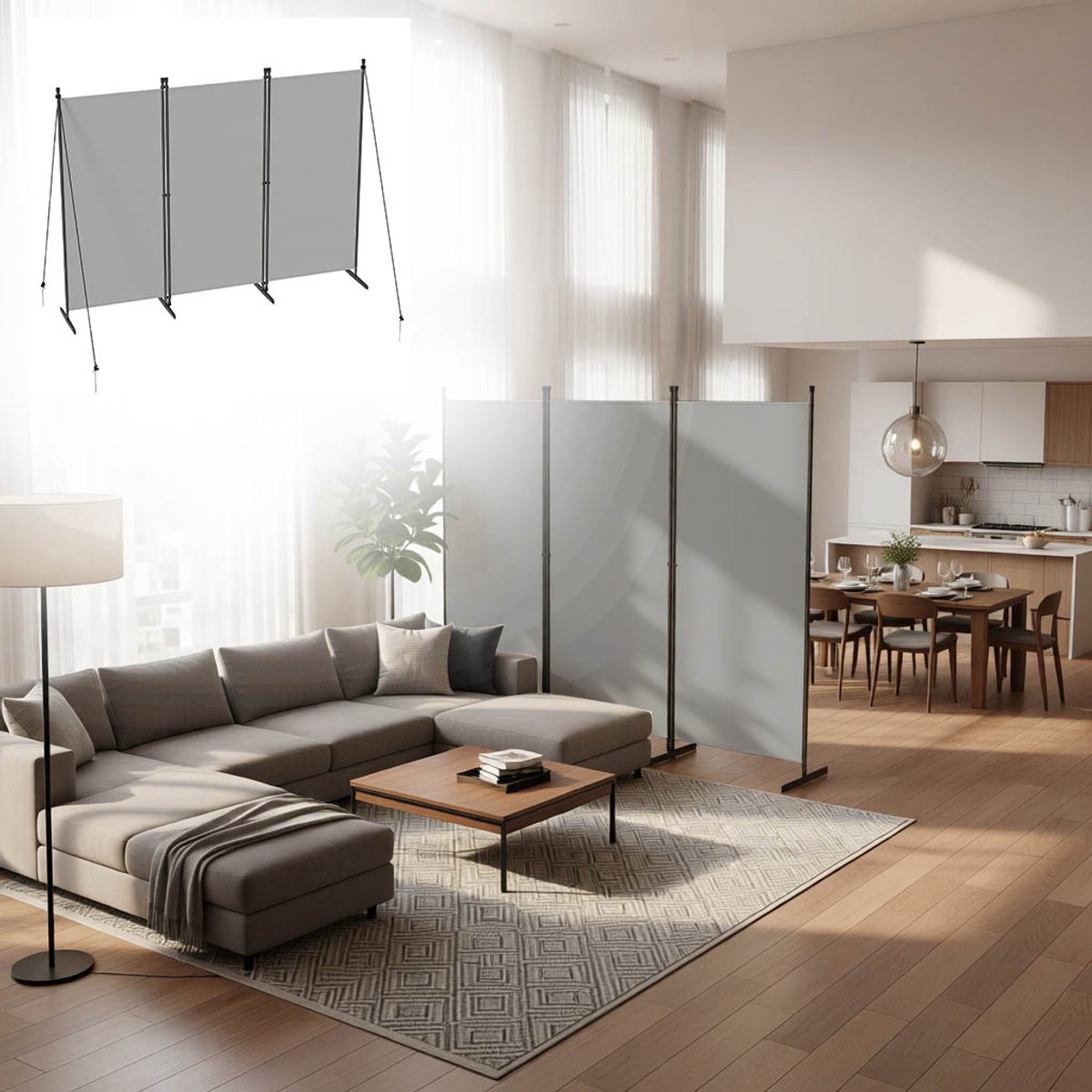 Aufun Paravent Scheidwand 3 Stuks- Lichtgrijs- 240x180cm Vouwbaar Vrijstaand - Zichtscherm Voor Binnen En Buiten, Woonkamer & Tuin