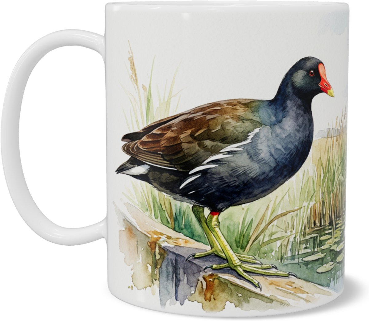Waterhoen bij Slootkant met Waterlelies & Molen Koffiemok - Aquarel Series - Polderwater Drinkbeker voor Thuis & Kantoor - Waardevol Cadeau voor hem & haar: Vrouw, Vriend(in) of Collega - Watervogels Theebeker Hollands Natuur