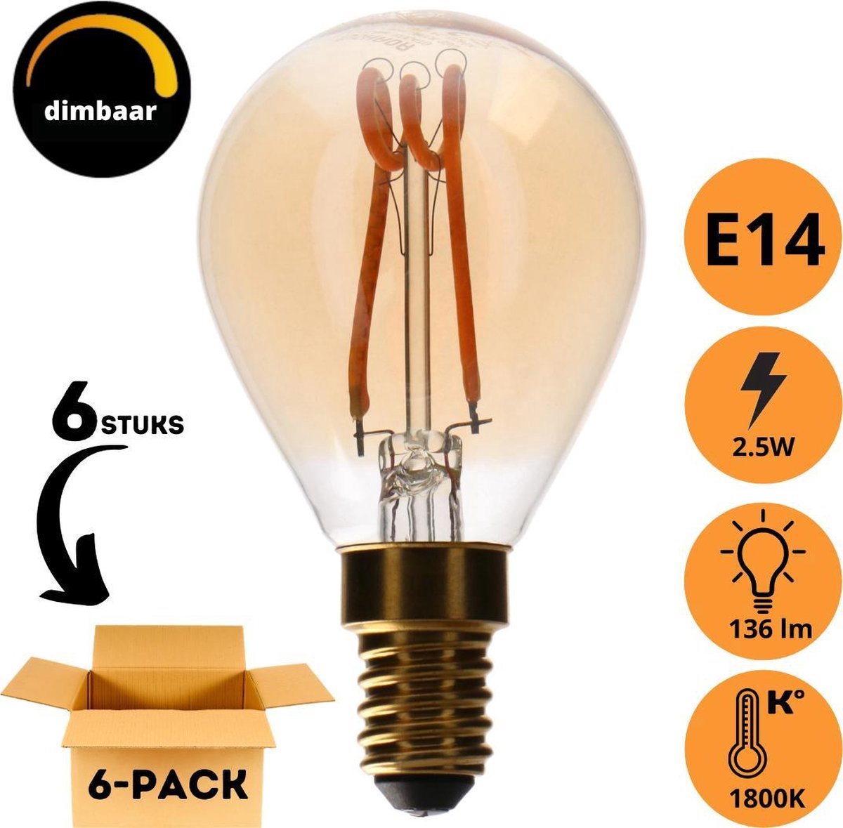 Proventa DECO LED Filament lamp E14 - Model XS globe - Dimbaar - Extra warm wit - 6-pack