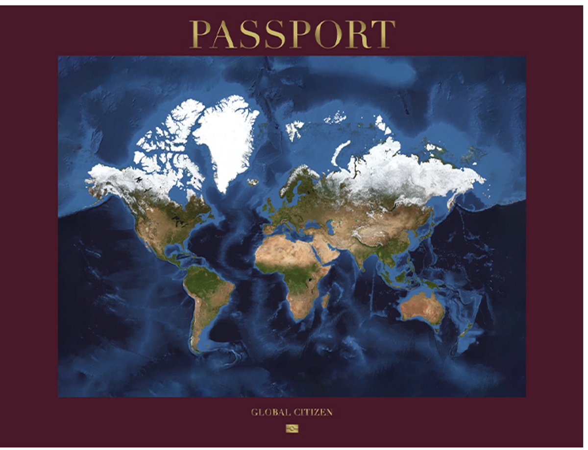 Wereldkaart 40x30 cm - Aluminium - Voelbaar 3D Reliëf - Bordeaux - World map - Passport - Vintage - Retro - Muurdecoratie - Wanddecoratie