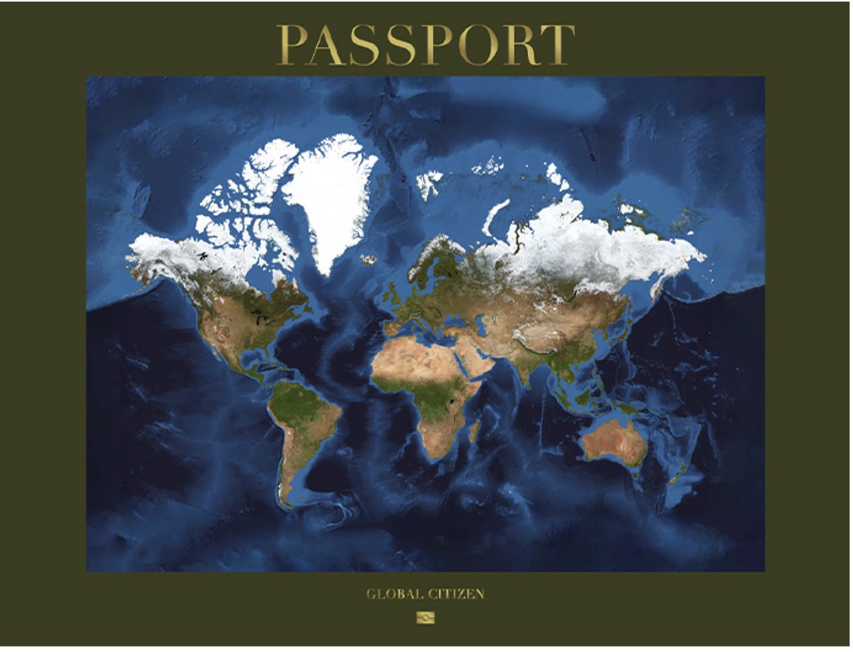 Wereldkaart 40x30 cm - Aluminium - Voelbaar 3D Reliëf - Donkergroen - World map - Passport - Vintage - Retro - Muurdecoratie - Wanddecoratie