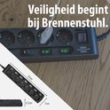Zwarte stekkerdoos met 6 stopcontacten en individuele schakelaars, met afmetingen 33cm x 7cm x 4,5cm.