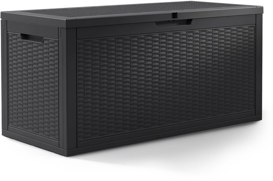 Zwarte opbergbox met gevlochten textuur, gesloten op een witte achtergrond.