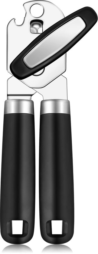 Can opener met RVS snijwiel en zwarte, ergonomische handgrepen.