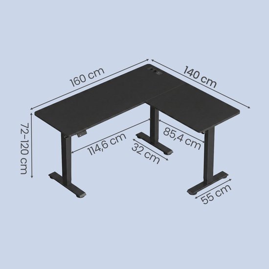 Zwart L-vormig zit-sta bureau, 160 cm breed links, 140 cm breed rechts, in hoogte verstelbaar van 72-120 cm.
