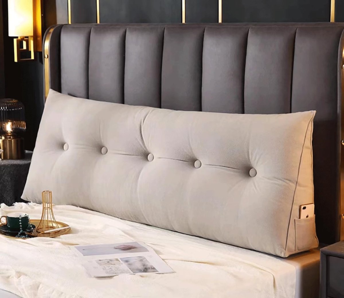 Driehoekig Kussen - Wigkussen Bed - Lezen TV Kijken - Afneembare Hoes - 200x20x50cm - Zilverkleurig