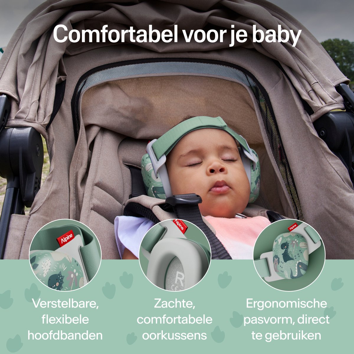 Alpine Muffy Baby Comfort (12-48 Maanden) - CE & ANSI Gecertificeerde Koptelefoon Baby - Verstelbare Gehoorbescherming Baby en Kinderen - Unieke Hoofdband voor Veilige & Comfortabele Pasvorm - 24 dB Demping - Happy Dinos – foto 3