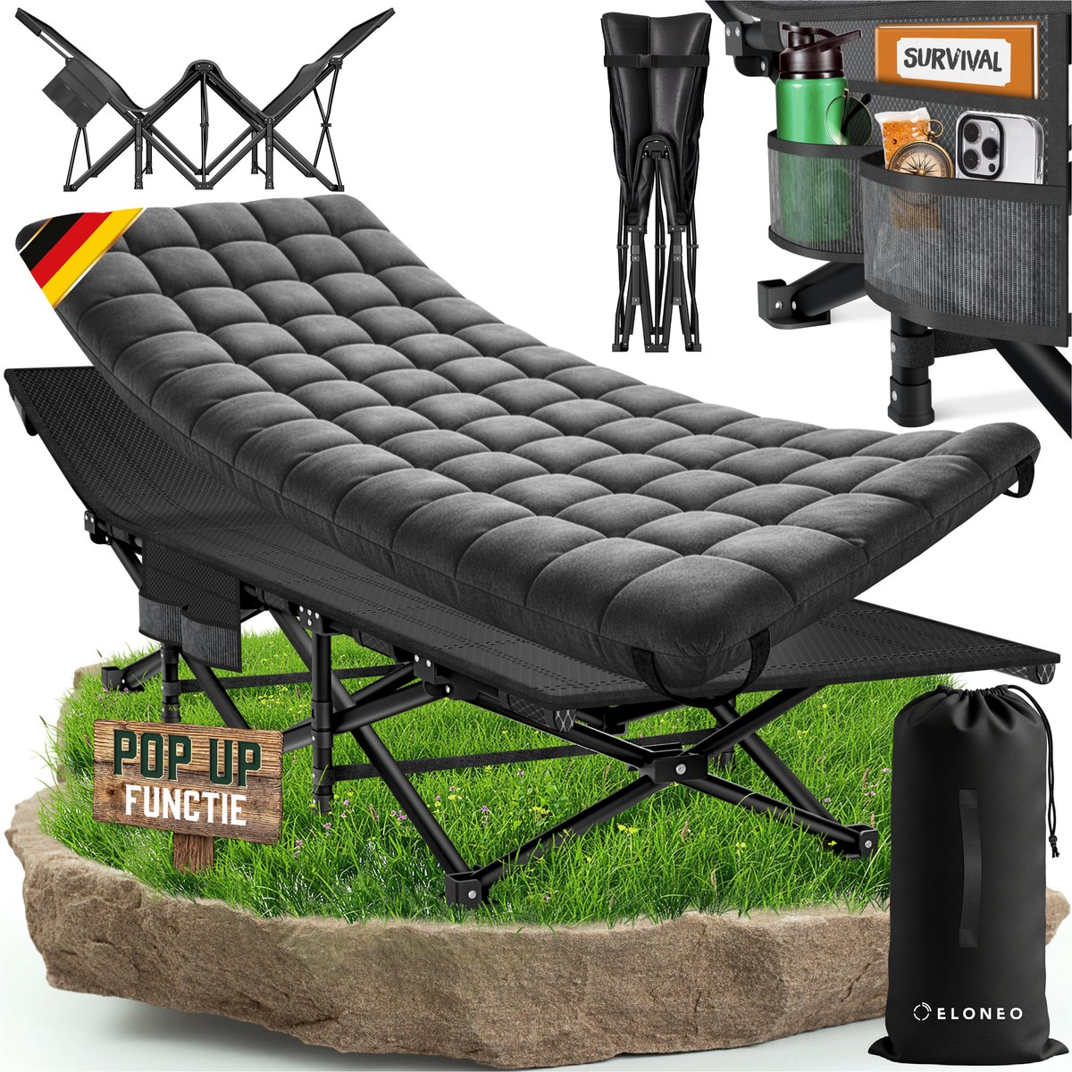 ELONEO inklapbaar veldbed met matras tot 200 kg draagvermogen campingbed logeerbed, antraciet