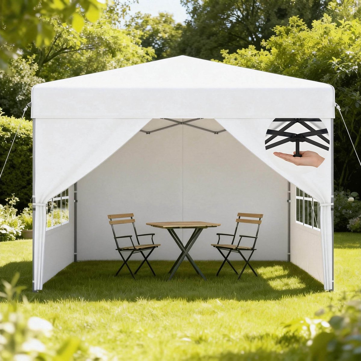 Aufun pop-up partytent – 3 x 3 m – wit – met vierzijdige rand – hoogte verstelbaar 240-260 cm – opvouwbaar – stalen frame – voor tuin, camping, feest, bruiloft