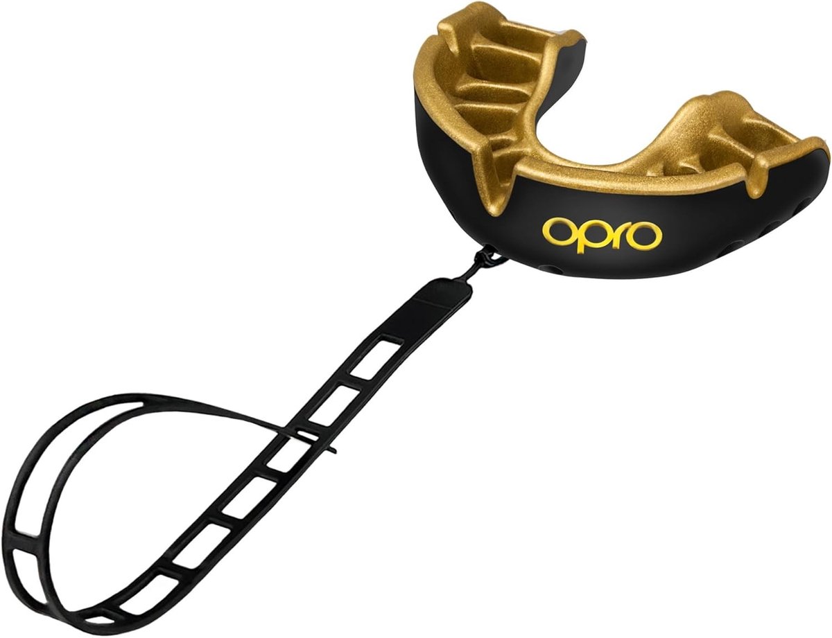 Opro Gold GEN5 Serie - Kinder Tandenbeschermer - Zwart/Goud - Met Bevestigingsstrap