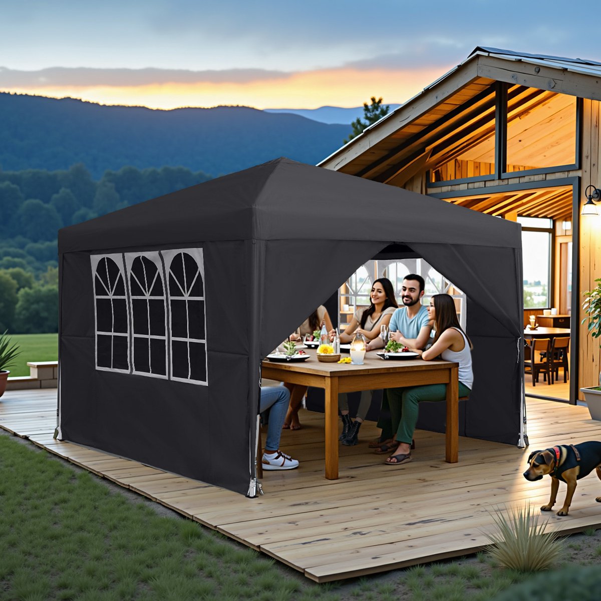 ACXIN Partytent 3x3m Inklapbaar Paviljoen Waterdicht Tuinpaviljoen met 4 Zijwanden en Ramen Stalen Frame Polyester Uv-bescherming, Antraciet
