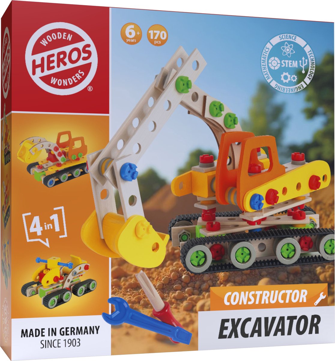 Heros Constructor Graafmachine – Constructiespeelgoed – 4-in-1 – 170 Onderdelen – Houten Bouwset – FSC Hout – Gemaakt in Duitsland – Zelf Bouwen – Vanaf 6 Jaar