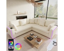 L-vormige Hoekbank met LED-sfeerverlichting, L-Bank, 5-Zits Bank, USB-Oplaadpoort en Zachte Corduroy Stof, Inclusief Bijpassende Kussens - Moderne Bank voor Woonkamers, Slaapkamers en Appartementen, Kleur Beige