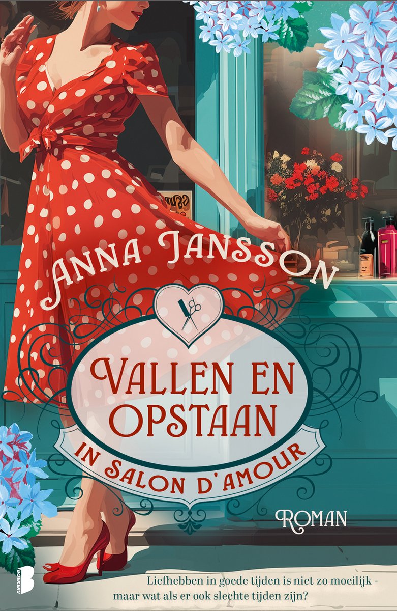 Une femme en robe rouge à pois blancs, avec le texte 'Vallen en Opstaan in Salon d'Amour' et Anna Jansson.