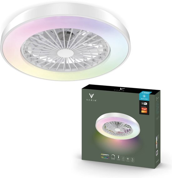 Varin® Plafondventilator met verlichting - Wit - Tuya Wifi - LED RGBW - Ø 50cm - Super stil - Afstandsbediening - Smart lamp - Plafondlamp - Plafonniere - Plafondlampen - Plafond lamp - Verlichting kinderkamer slaapkamer woonkamer - Ventilator