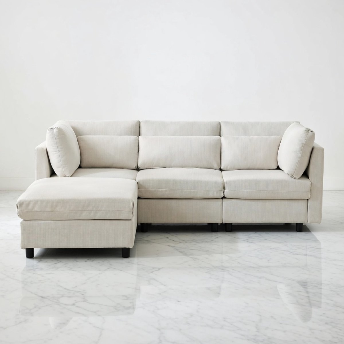 Luxe Hoekbank met Slaapfunctie – Omvormbare 3-Zits L-Vormige Bank met Voetbank en 5 Kussens – Modern Design, Beige Linnen – Comfortabele Slaapbank voor Woonkamer & Slaapkamer House&Garden
