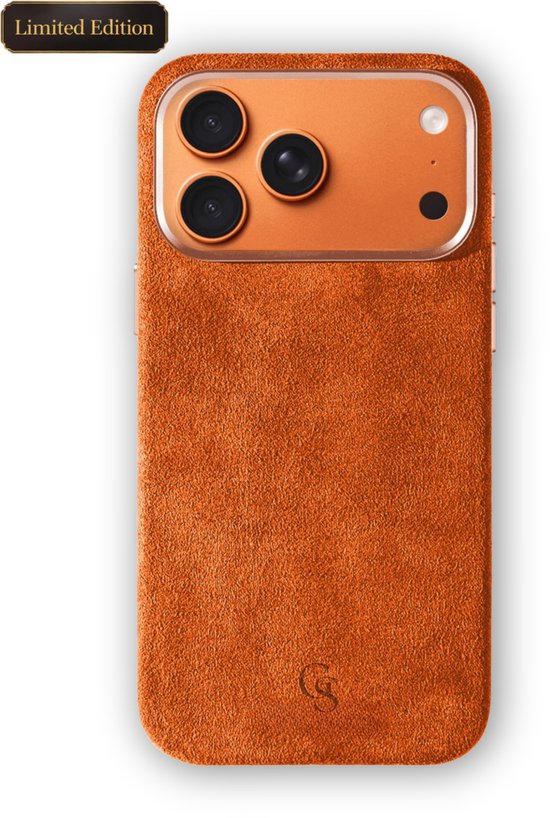 Coque de téléphone beige en Alcantara, édition limitée, pour iPhone 17 Pro MAX avec une unité caméra orange.