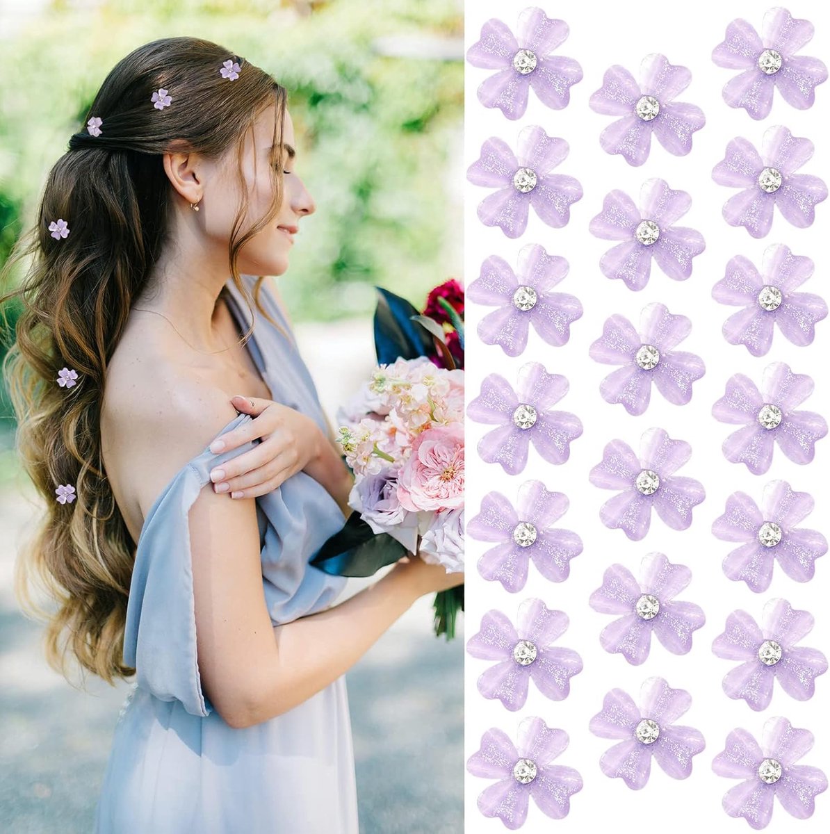 20 Stuks Mini Haarspeldjes met Paarse Bloemen en Strass Steentjes