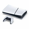 PlayStation 5 Digital Edition console in liggende stand, met één witte DualSense controller ervoor.