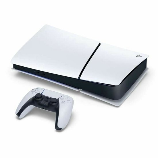 PlayStation 5 Digital Edition console in liggende stand, met één witte DualSense controller ervoor.