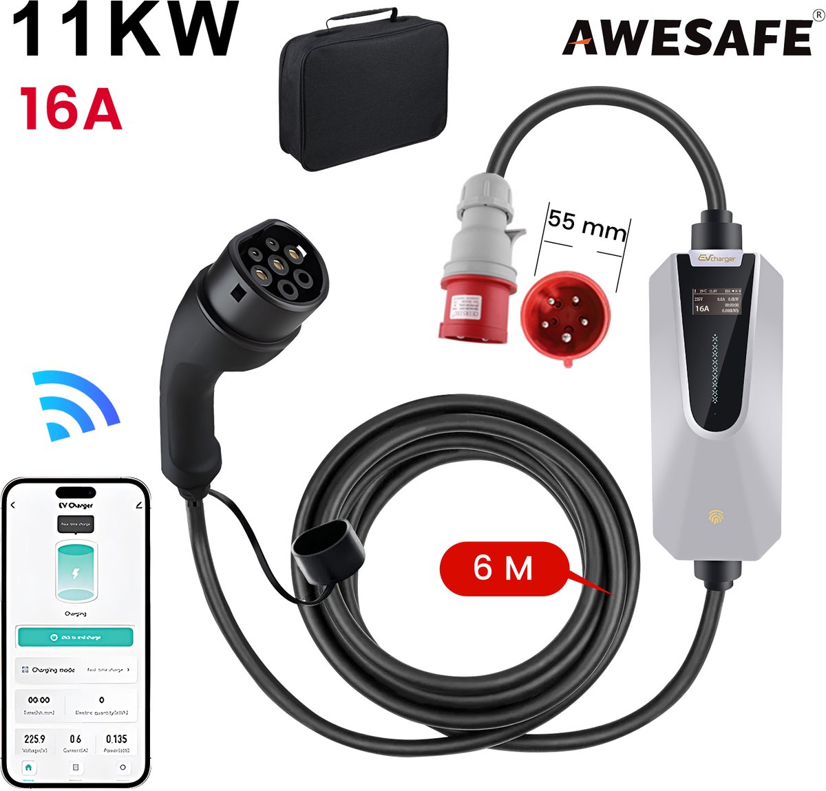 Awesafe Laadkabel Auto 3-Fase - Draagbare Mobiele Thuislader EV-Lader Type 2 - 11 kW 16A Charger - Waterdicht - 6M - 6A/8A/10A/13A/16A Schakelbaar - Geschikt Voor Elektrische Auto - Met transporttas - Wit