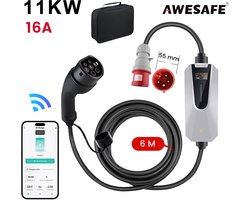 Awesafe Laadkabel Auto 3-Fase - Draagbare Mobiele Thuislader EV-Lader Type 2 - 11 kW 16A Charger - Waterdicht - 6M - 6A/8A/10A/13A/16A Schakelbaar - Geschikt Voor Elektrische Auto - Met transporttas - Wit