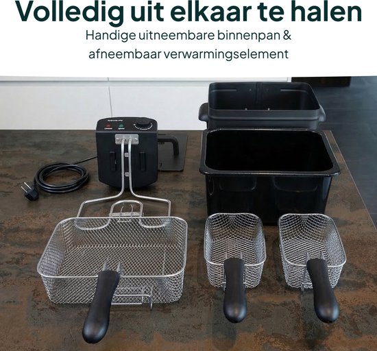 Frituurpan - 5 Liter - 3 Manden - Kijkvenster - Friteuse - Koude Zone - Zwart- Vivid Green