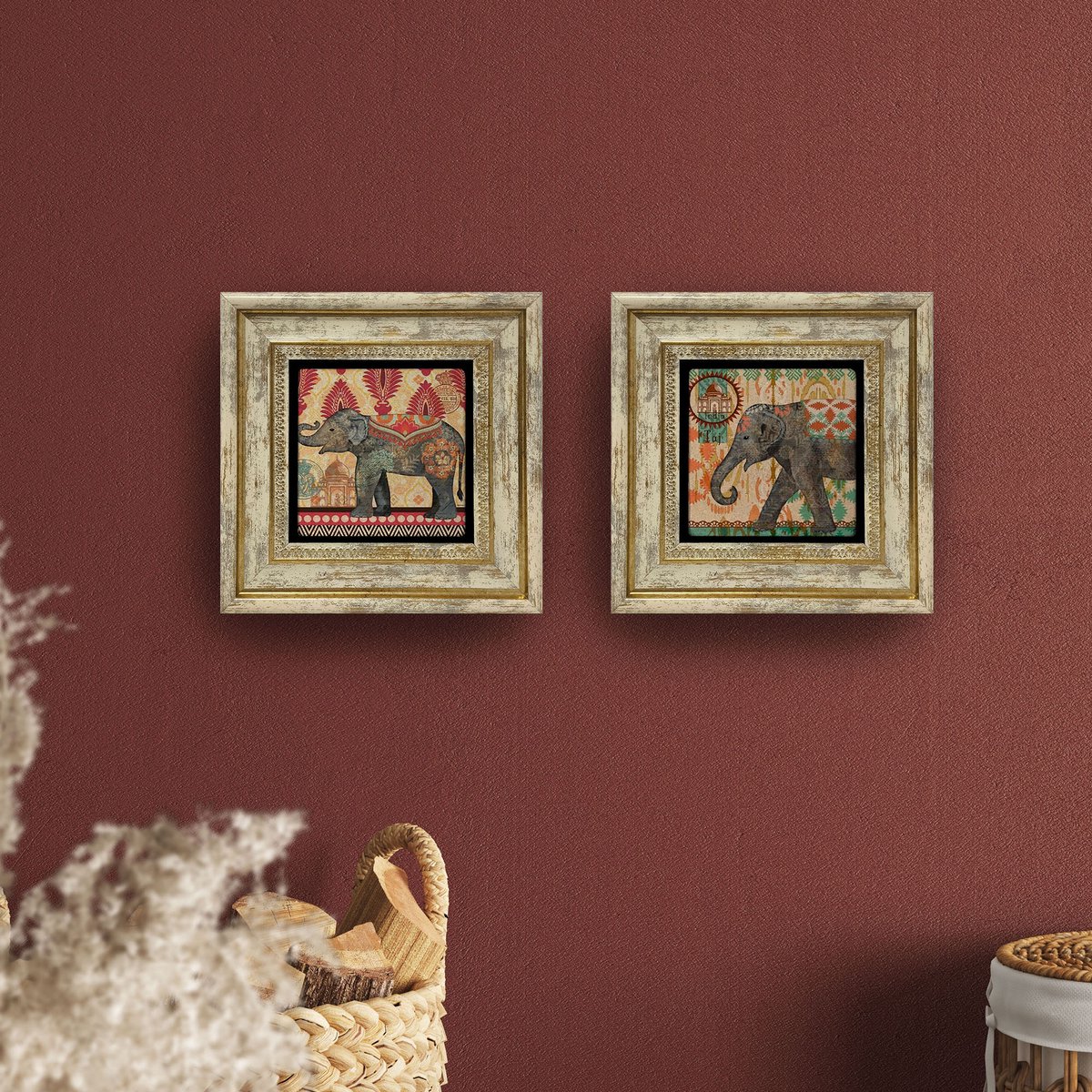 Artlijn Olifant Decoratie – Set van 2 Natuursteen Art Prints – Etnische Olifant Illustratie – Steen Kunst