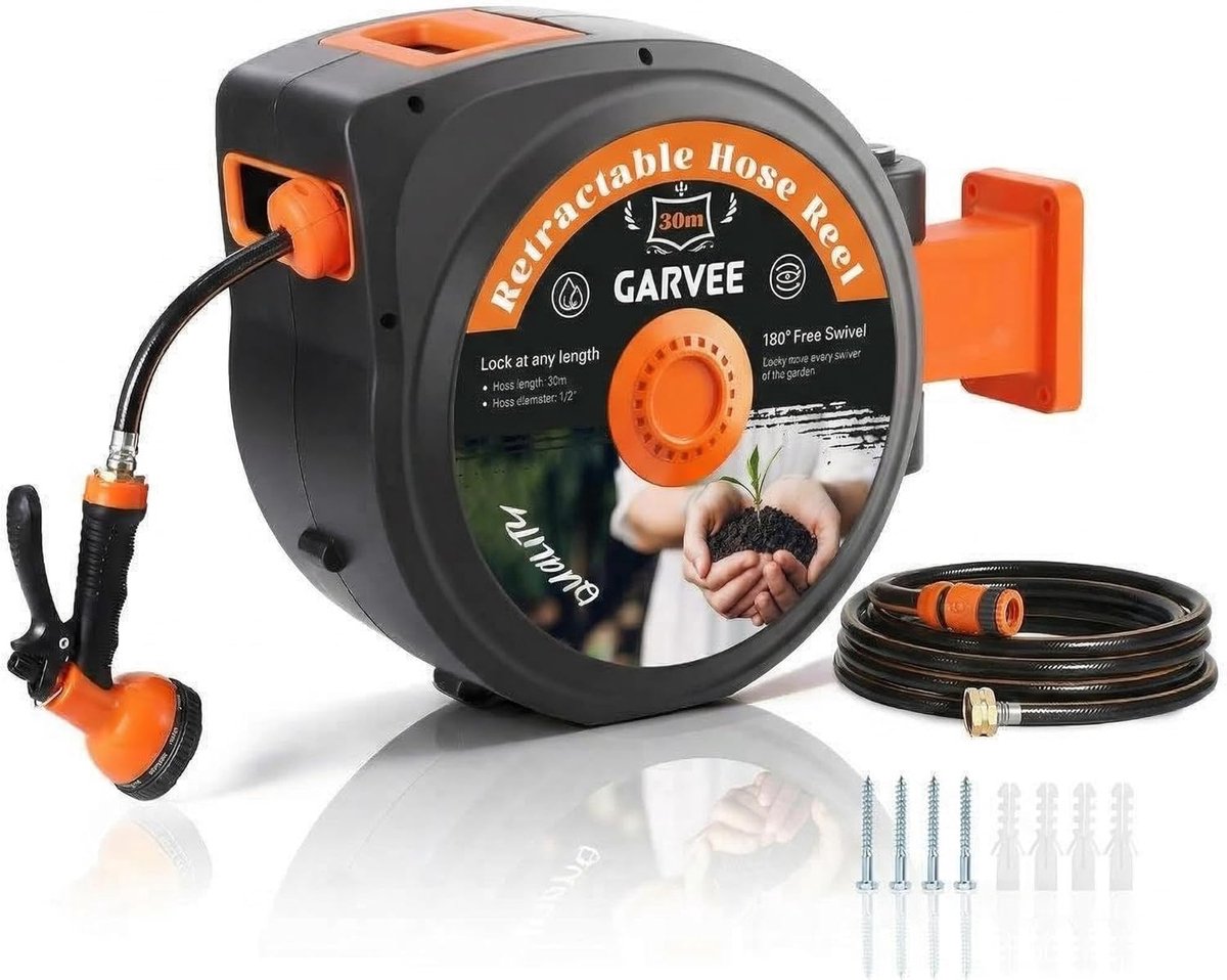 Automatische Tuinslanghaspel voor aan de Muur - 30 Meter (1/2") - Wandhaspel met Metalen As & Veilig Oprolsysteem - Lekvrij, Knikvrij en UV-bestendig