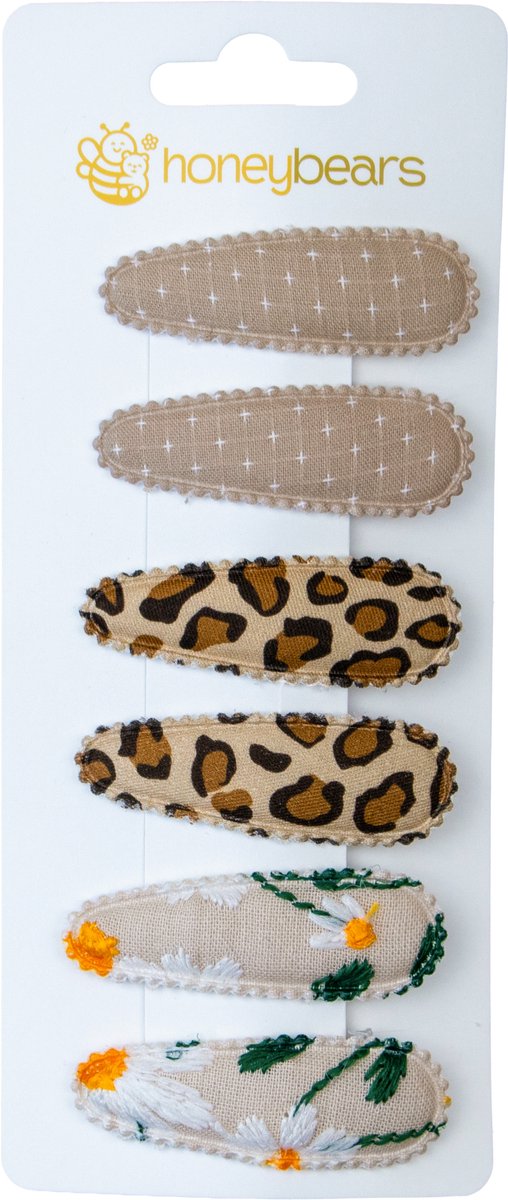 Honeybears haaraccessoires kind set van 6 – Haarspeldjes panter – Kraamcadeau – Haar accessoires kind - Haar speldjes kinderen – Baby knipjes