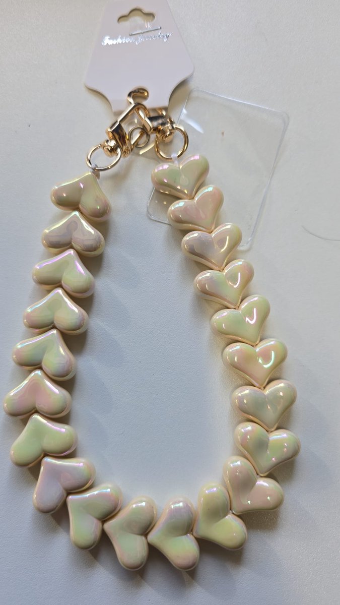 Telefoonkoord, Telefoonkoord creme parelmoer hartjes, Kort telefoon koord, Telefoon sieraad, telefoon koord, Telefoon accessoires, XLX®