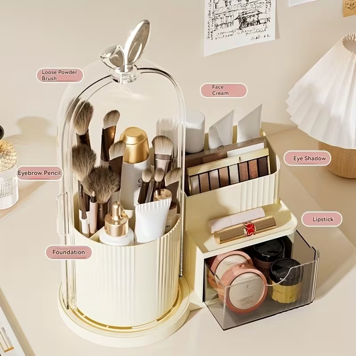 Dustproof 360° rotating cosmetic storage box with drawers. Durable plastic, white. For brushes, lipstick, skincare and stationery. With brushes, concealer, eyeliner. Meets European makeup needs.bureau accessoires,bureau accessoires,bureau organizer