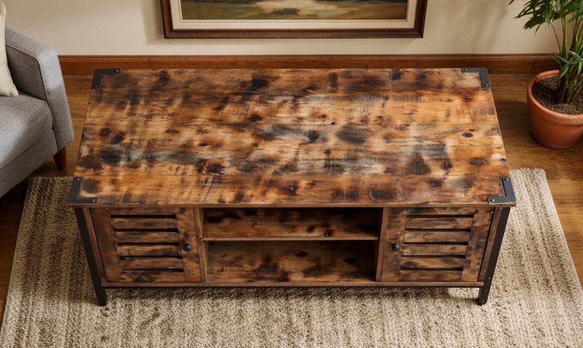 INDUSTRIËLE TV-KAST LOWBOARD – Lamellendeuren, 2 Kasten & 2 Plankniveaus – Vintage Donkerbruin & Zwart – Ruime Opbergruimte voor TV, Films, Boeken & Spelconsoles – Woonkamer Meubel Novihome
