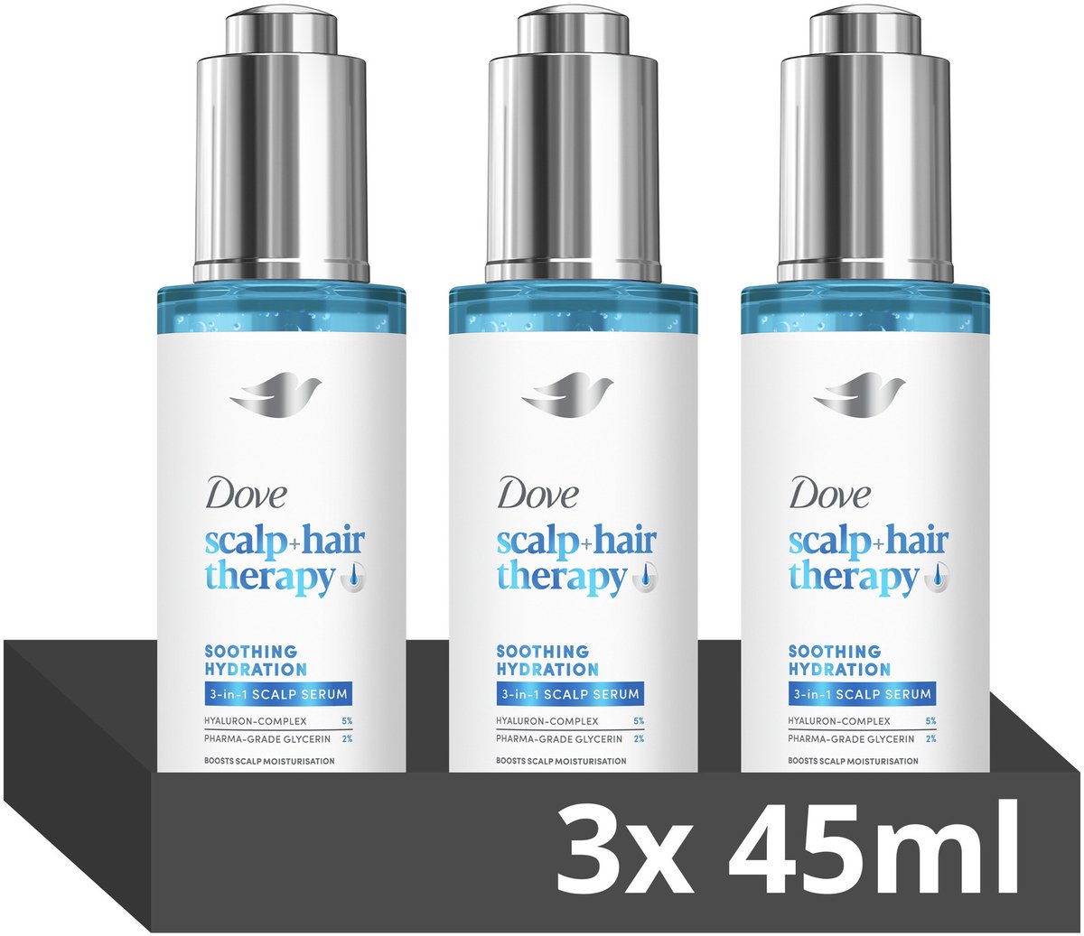 Dove Scalp + Hair Therapy Serum - Soothing Hydration - verzorging voor hoofdhuid en haar met hyaluroncomplex en glycerine van farma-kwaliteit - 3 x 45 ml