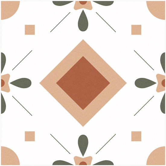 Wit met patronen van oranjebruine ruiten, beige vierkanten en groene bloemblaadjes.