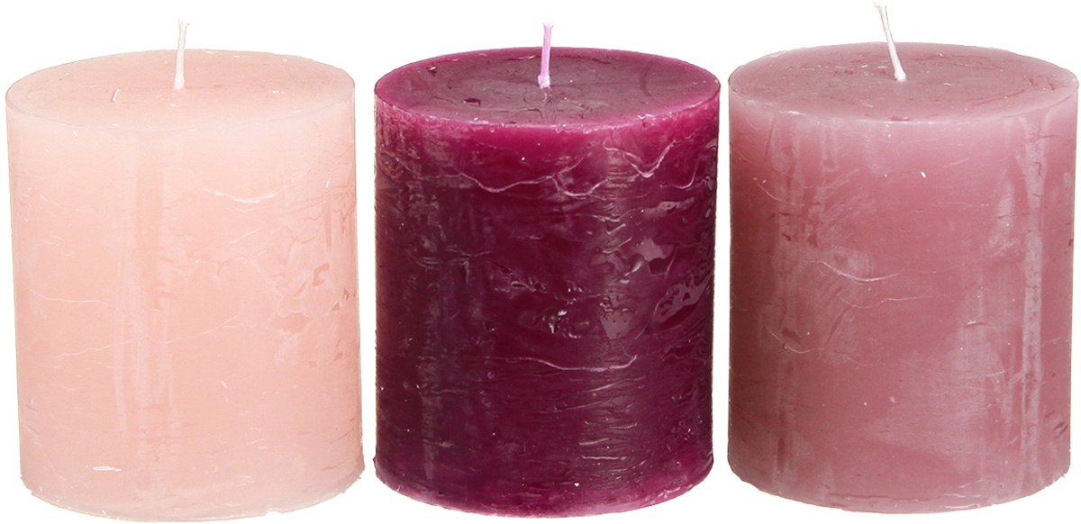 Set van 12 pilaarkaarsen, effen kleur, bessenkleurstelling, decoratiev