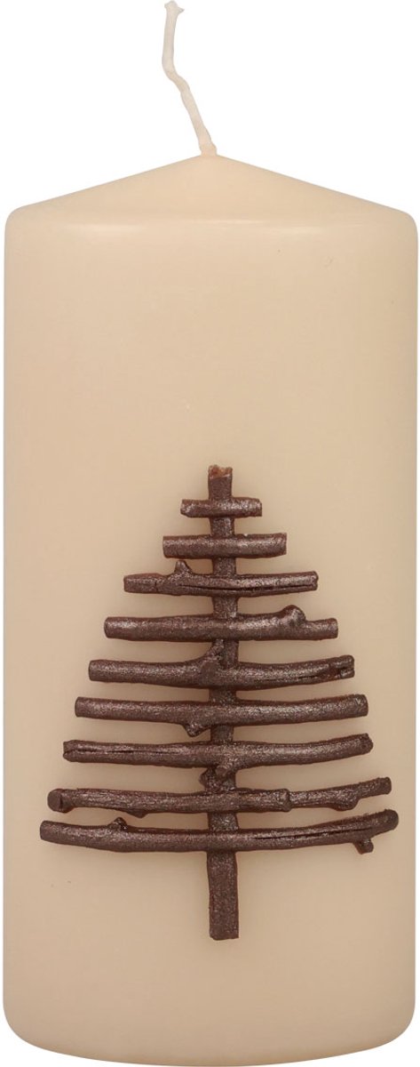 Kerstkaars, beige, dennenboommotief, 150/70mm, 63h, RAL