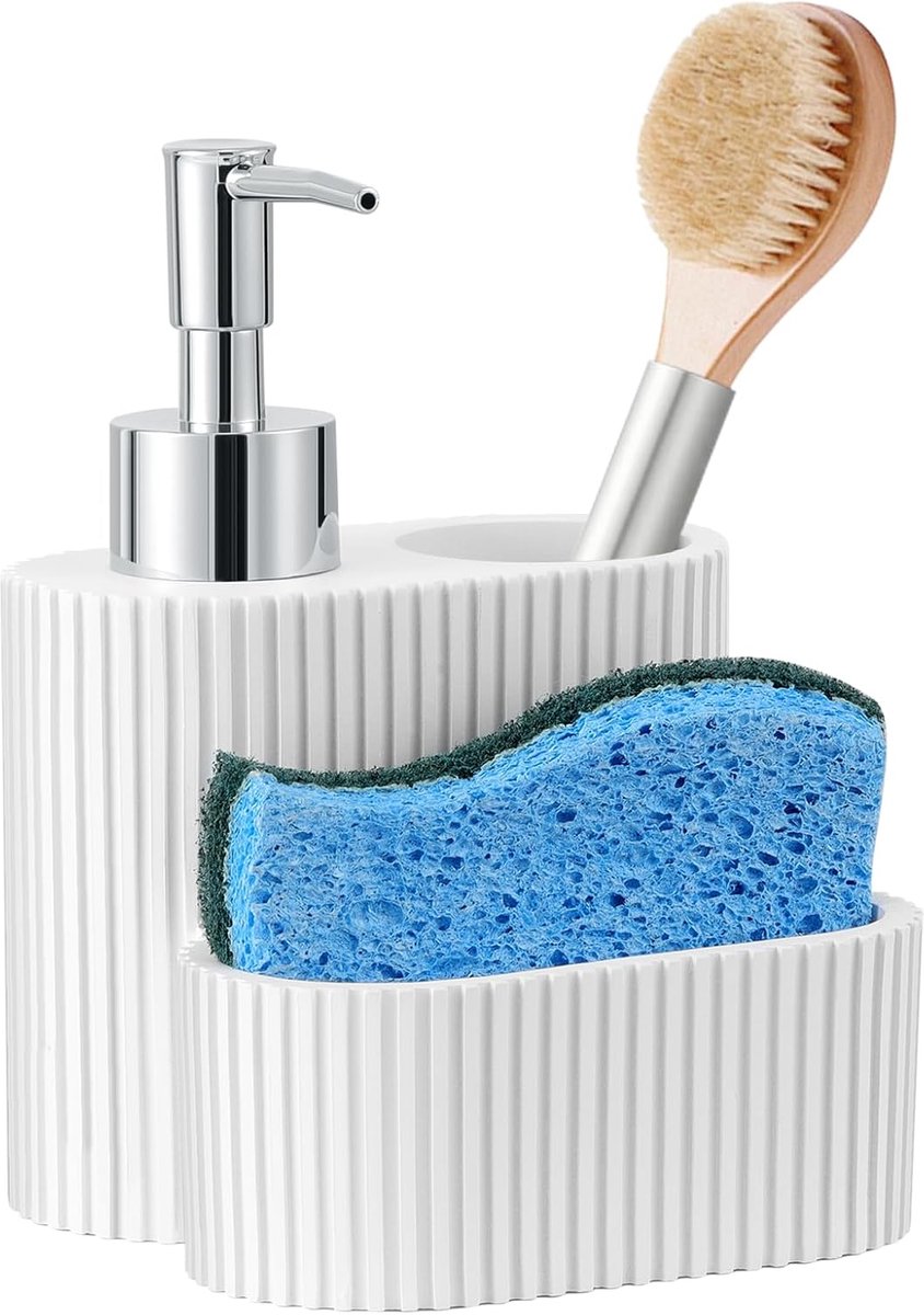 Zeepdispenser met Sponshouder en Borstelhouder - 3-in-1 Keuken Organizer in Marmerlook