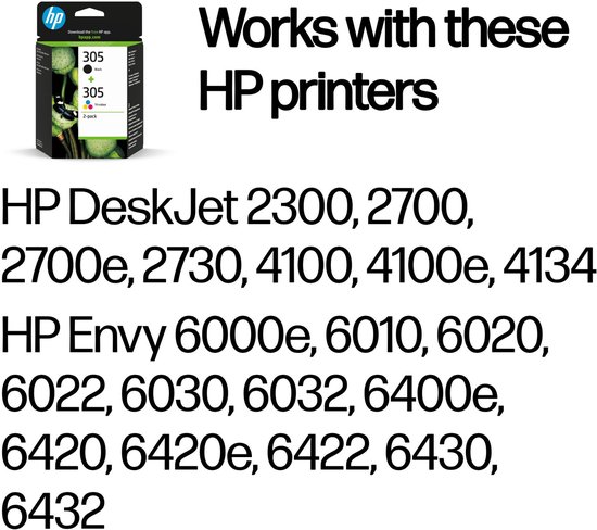 HP 305 inktcartridges, standaard capaciteit, 1 zwarte en 1 kleurencartridge.