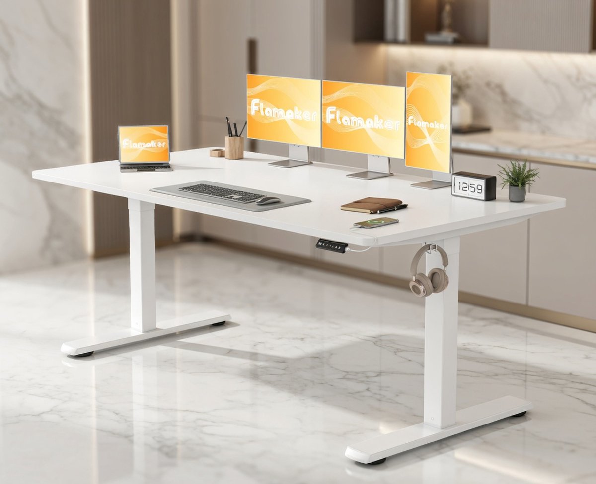 Elevate Pro – Elektrisch In Hoogte Verstelbaar Bureau 160x60 cm | Ergonomisch Zit-Sta Bureau met Geheugenfunctie, USB-opladen, Stil Motor & Industrieel Design – Gaming- en Thuiswerk Bureau Wit House&Garden