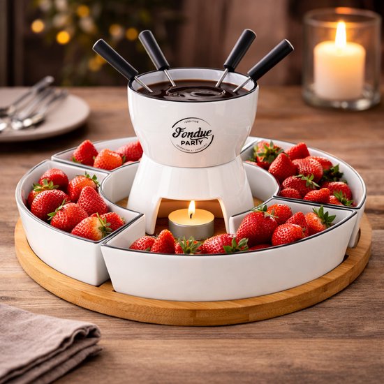 Fondue Set voor 4 Personen – Porselein & Bamboe – Inclusief Schalen & Vorkjes – 30 x 30 x 19 cm