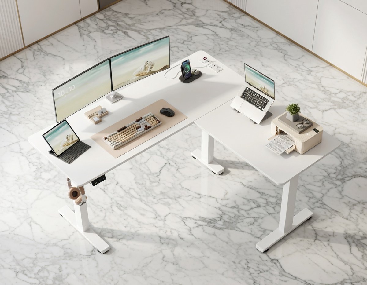 Elektrisch In Hoogte Verstelbaar L-vormig Hoekbureau 140x160 cm – Sta Zit Bureau met Geheugenfunctie, USB Laadstation en Moderne Wolkenwit-Mat Wit Afwerking – Ideaal voor Thuiswerk en Studieruimtes House&Garden