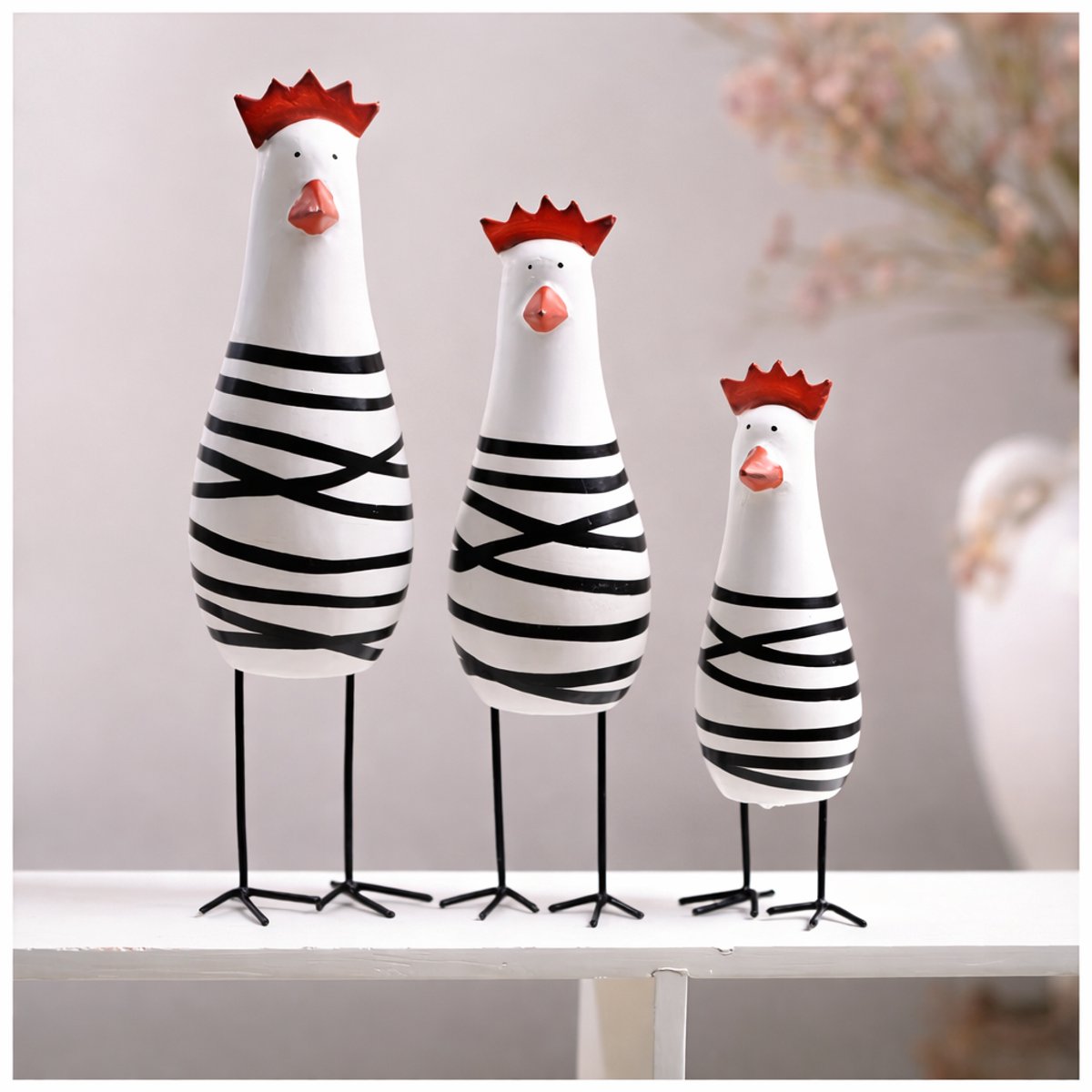 FSW-Products Paasdecoratie Kippen Set 3 stuks Zwart Wit Decoratie Figuren 15, 18 en 21 cm